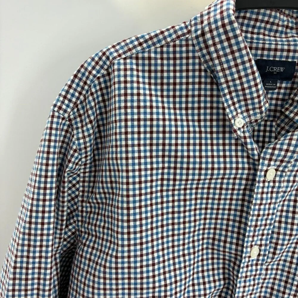 J. Crew Mens L Button Down Shirt Blue Brown Check Long Sleeve Casual Cotton Top